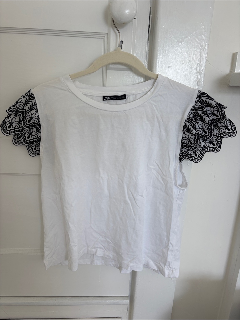 Zara White Tee with Black Lace Flutter Sleeves